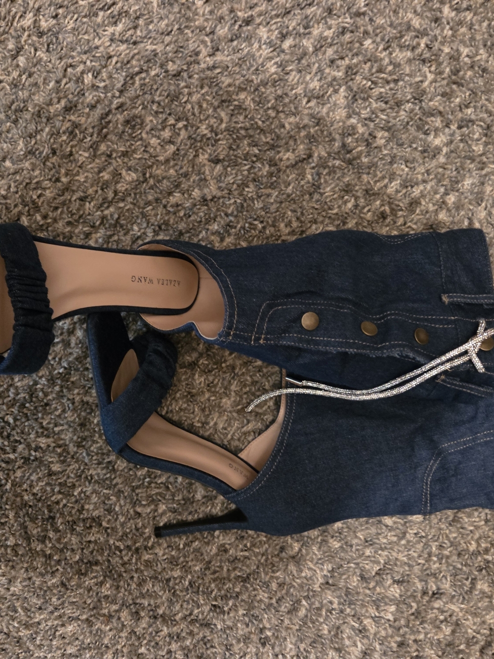 Azalea Wang Navy Denim High Heel Sandals with Rhinestone Tie